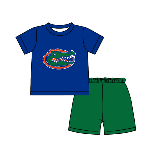 Custom moq 5 mix size milk silk summer teams Baby Boy's blue Short-Sleeved O-Neck Top And solid color Shorts Set