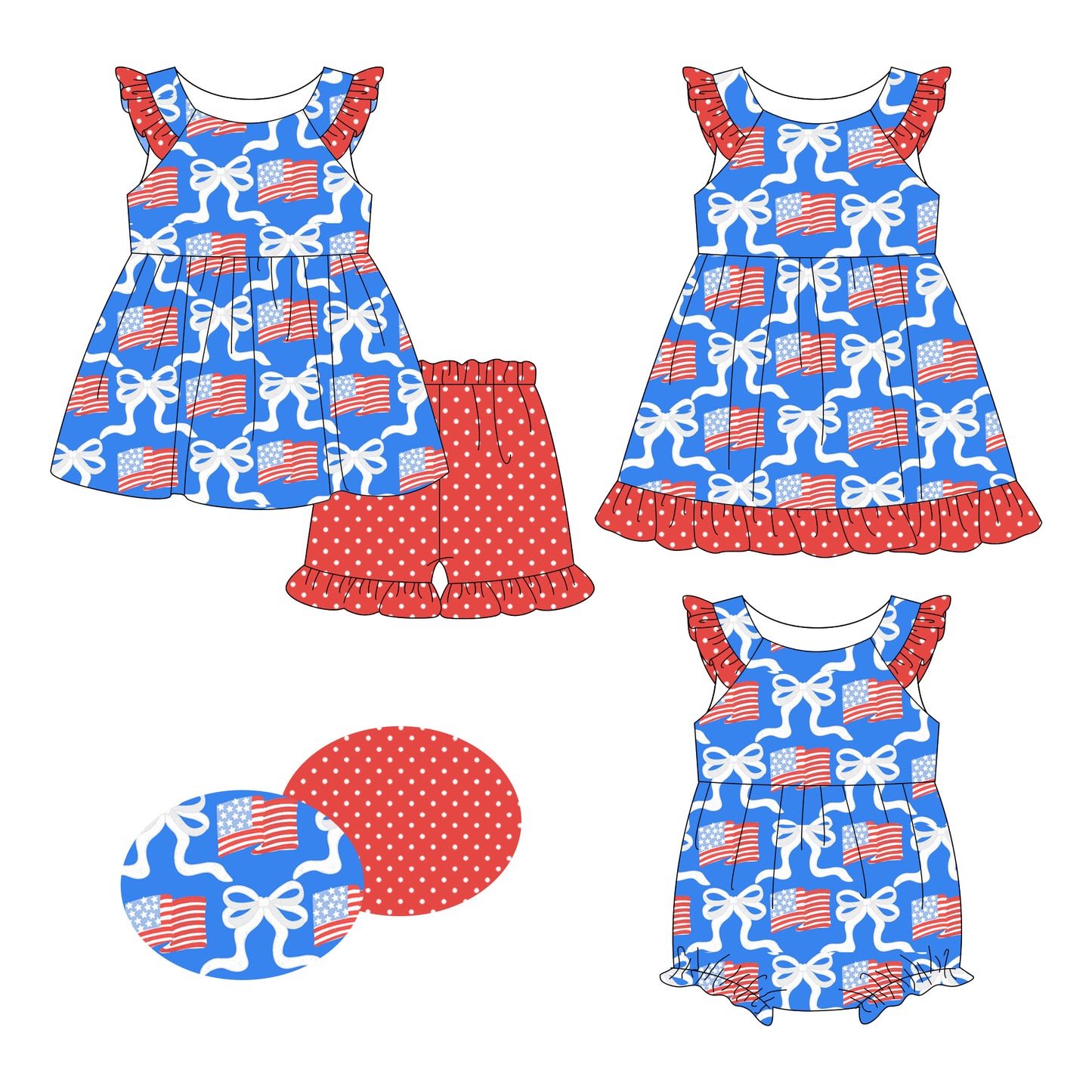 26.1.10 custom each style moq 5 eta 6-8week Sibling Sister bow flag baby short sleeve shorts sets and romper and dress match design