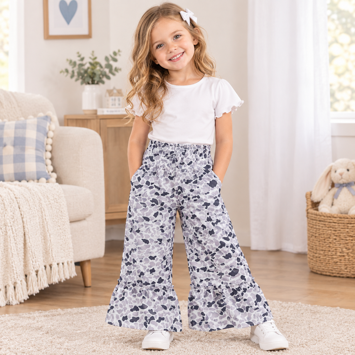 NEW RTS NO MOQ yoga fabric P1054 Yoga Baby Girls Grey Camo Yoga Active Bell Bottom Pants
