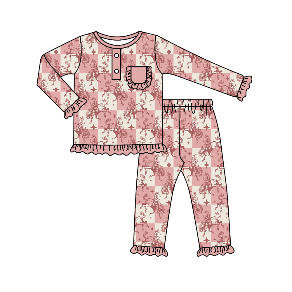 5.21custom each style moq 5eta 4-5week Sibling SisterWestern denim print pink and white plaid and pink lace girls outfits and baby romper match family design