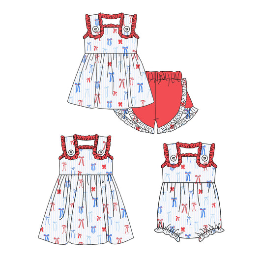 3.27 custom each style moq 5eta 4-6week Sibling Sisters bow baby girl short sleeve shorts sets and dress and rompers match family design
