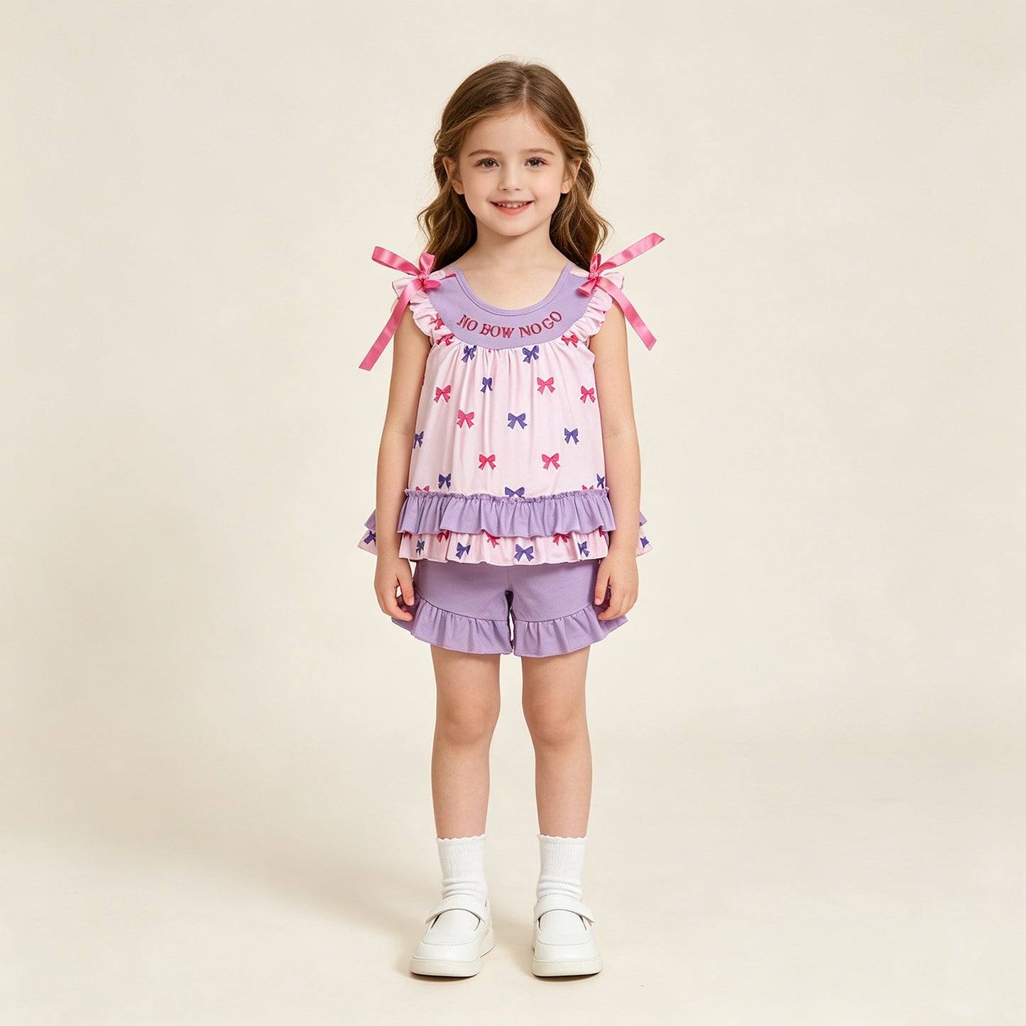 RTS NO MOQ milk silk GSSO3460 Baby Girls Embroidery Letter No Bows No Go Tunic Ruffle Shorts Sets