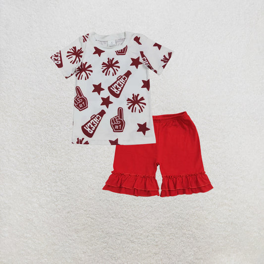 RTS NO MOQ GT1093+SS0184 Baby Girls Short Sleeves Dark Red Cheer Stars Team Tee Shirts Tops Set