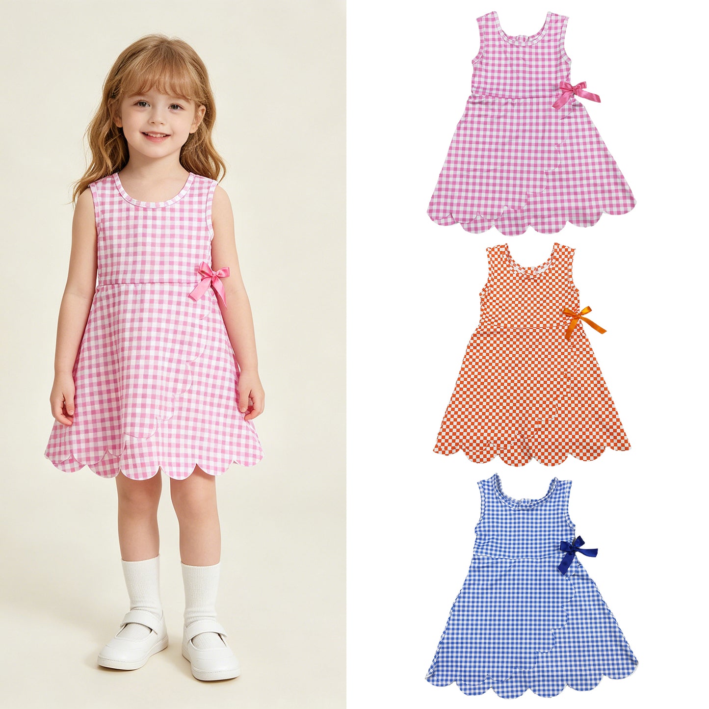 RTS NO MOQ Sibling yoga fabric Baby  Girls Summer Checked Yoga Active Scallop Dresses