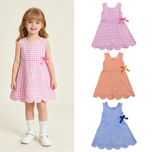 RTS NO MOQ Sibling yoga fabric Baby  Girls Summer Checked Yoga Active Scallop Dresses