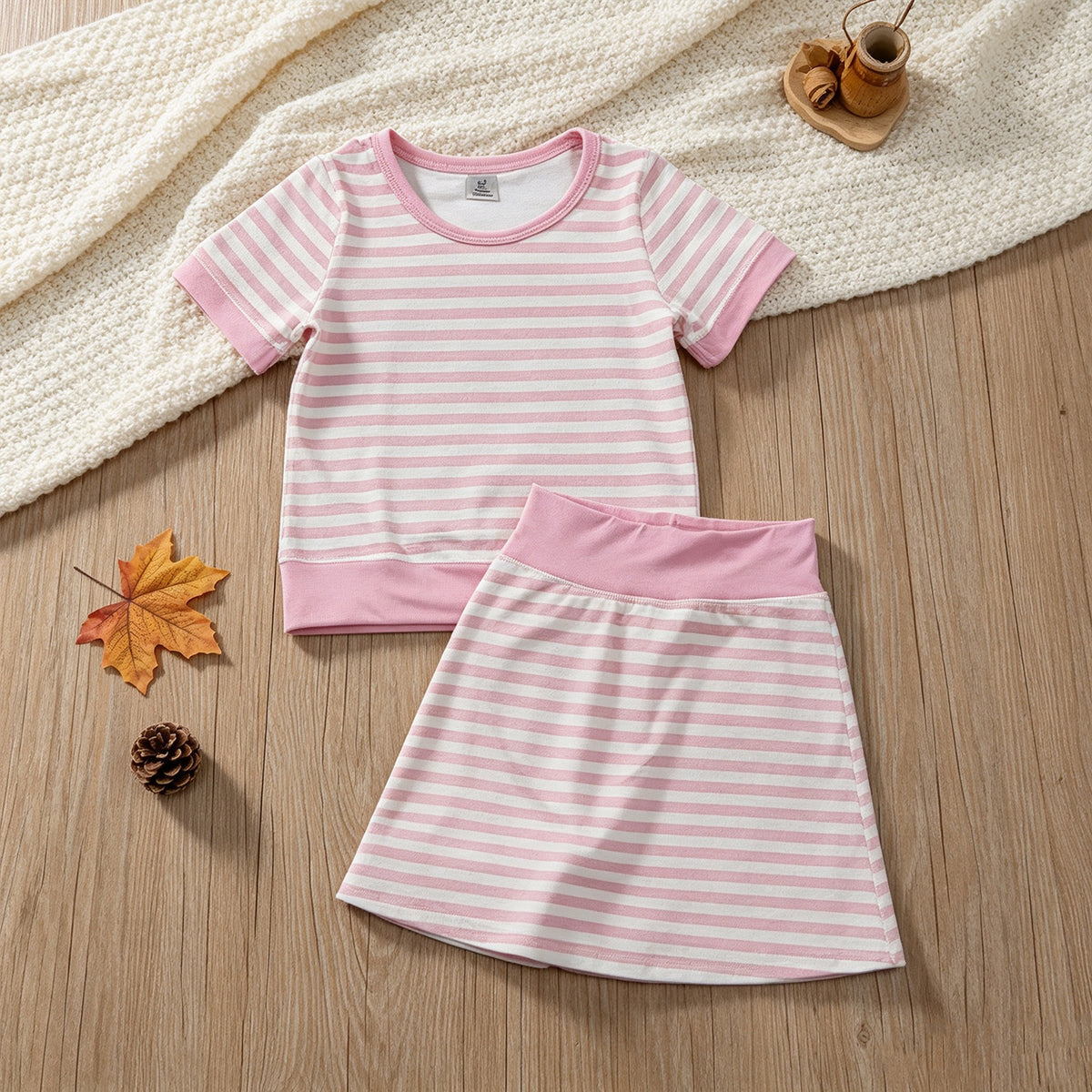 NEW RTS NO MOQ yoga fabric GSD4159 Yoga Baby Girls Light Pink Stripe Print Top Skort Shorts Yoga Active Set