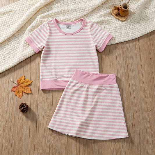 NEW RTS NO MOQ yoga fabric GSD4159 Yoga Baby Girls Light Pink Stripe Print Top Skort Shorts Yoga Active Set