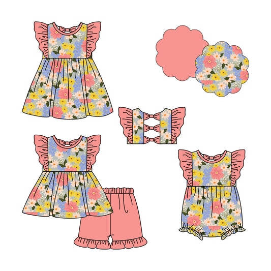 4.24 custom each style moq 5eta 4-6week Sibling Sisters floral baby girl short sleeve shorts sets and dress and rompers match family design