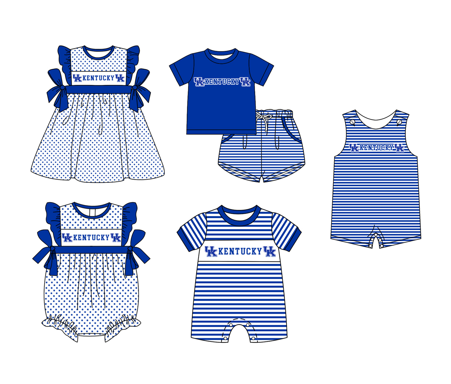 Custom moq 5 mix size milk silk summer teams Boys Short Sleeve Top Blue Striped Shorts Set With Matching Romper Girls Flutter Sleeve Polka Dot Dress Romper