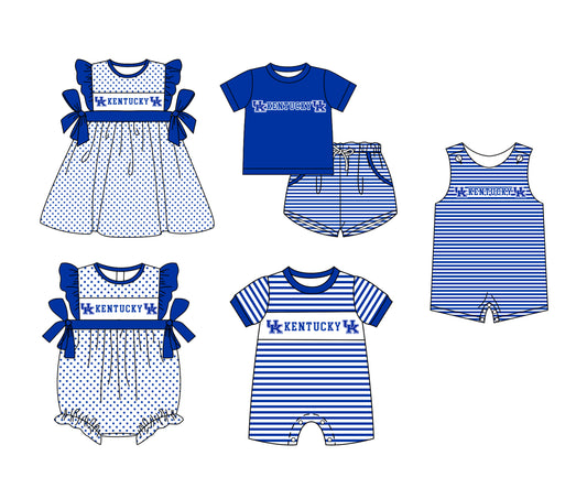 Custom moq 5 mix size milk silk summer teams Boys Short Sleeve Top Blue Striped Shorts Set With Matching Romper Girls Flutter Sleeve Polka Dot Dress Romper