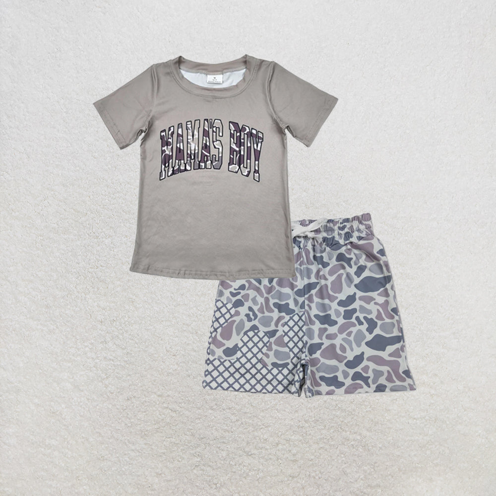 RTS NO MOQ milk silk BT1186+SS0647 Baby Boys Light Green Mama's Boy Camouflage Short Sleeve Tee Shirts Tops Shorts Set