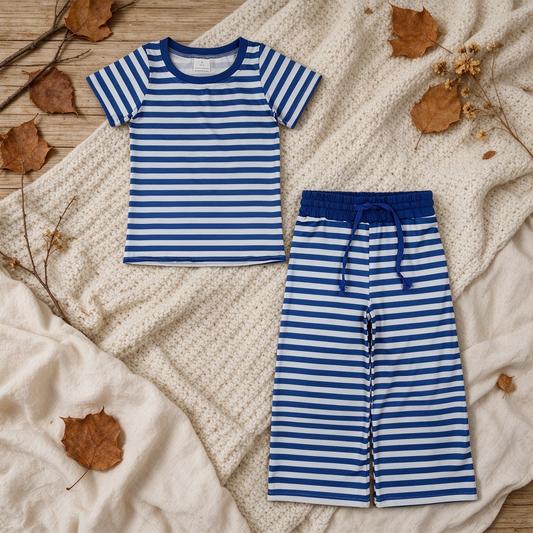 NEW RTS NO MOQ milk silk GSPO2385 Baby Girls Short Sleeve Blue Stripe Top Straight Pant Pajamas Set