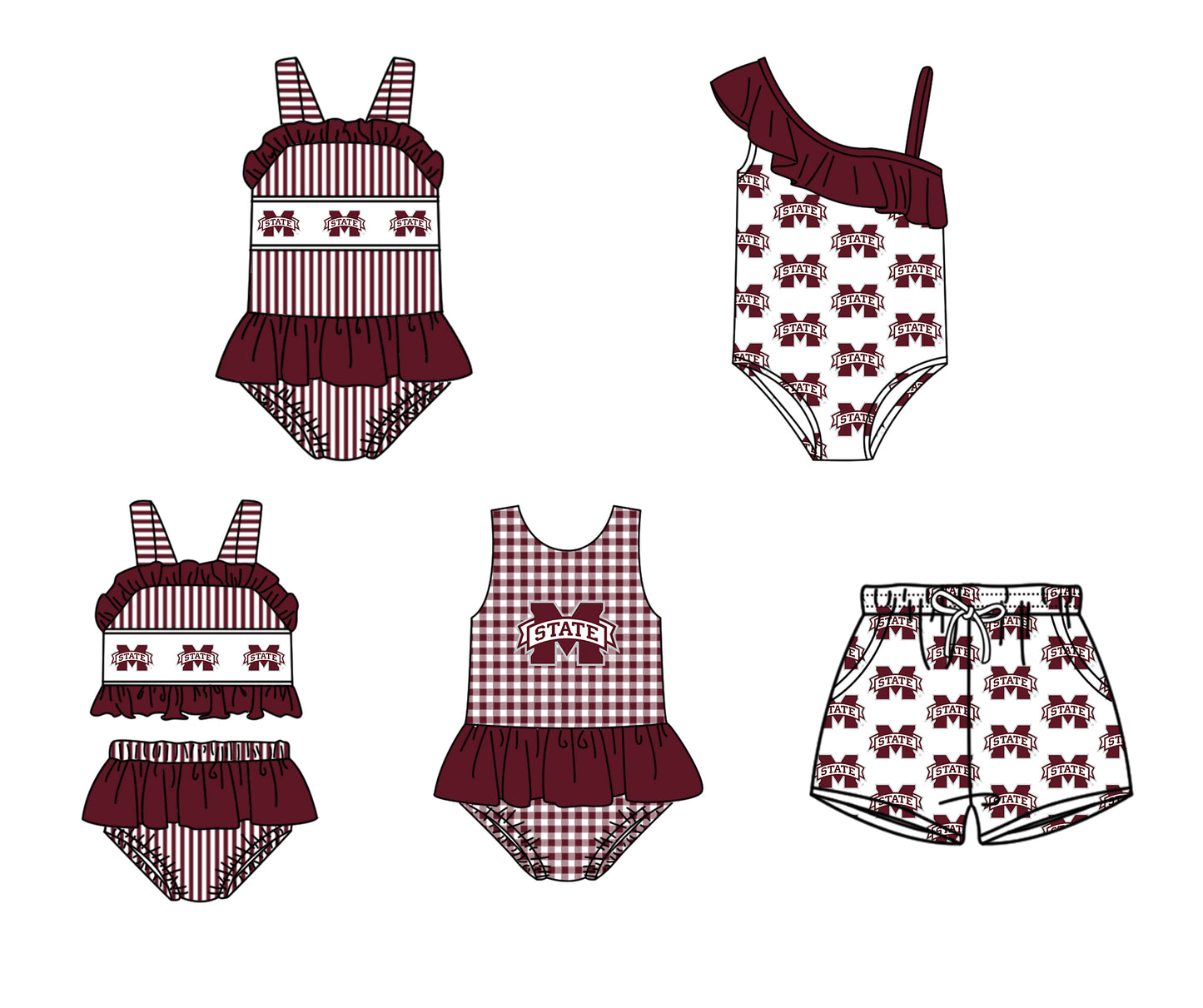 Custom moq 5 mix size milk silk summer teams Baby Girl Dark Red Stripe Two-Piece Swimsuit Set One Piece Swimsuits Boys Swim Trunks