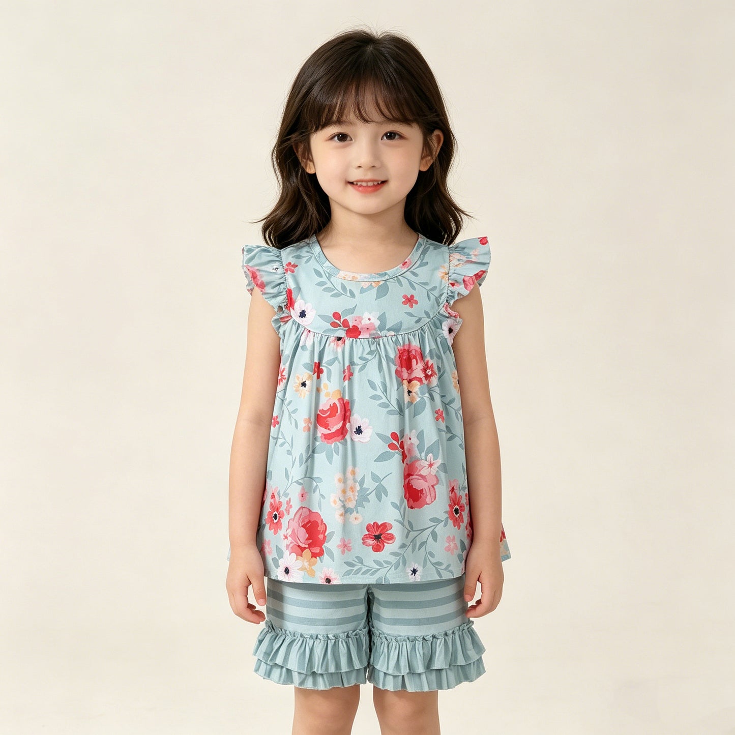 RTS NO MOQ GSSO3748 Baby Girls' Floral Tunic And Stripe Ruffle Shorts Set with Flutter Sleeves Cute Outfit for Little Ones（3-4T-10-12T）