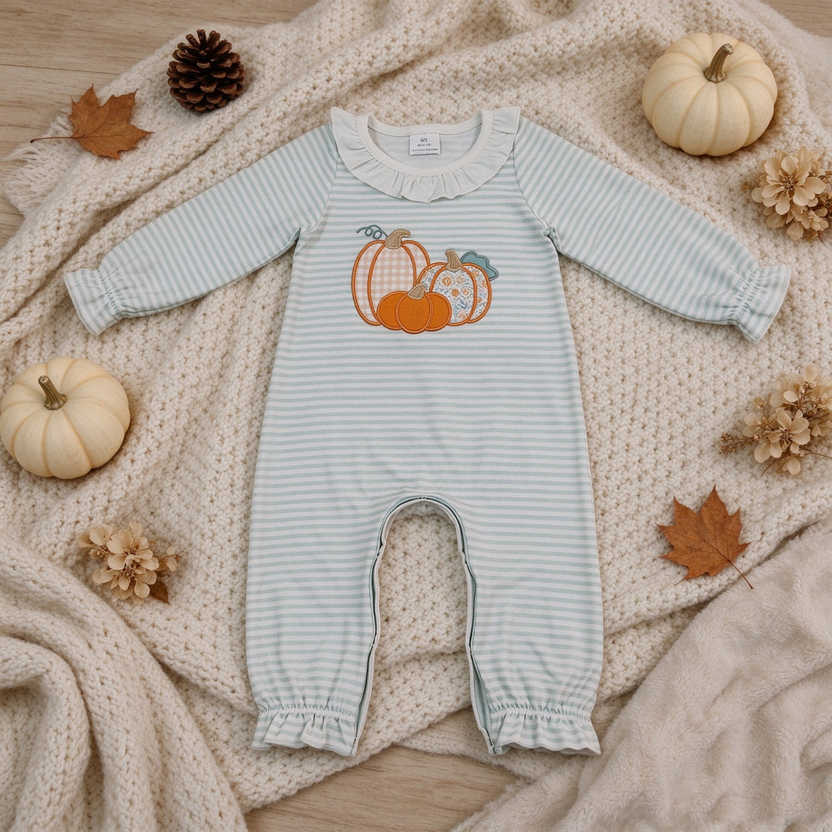 NEW RTS NO MOQ milk silk LR3137 Embroidery Baby Girls Long Sleeve Green Stripe Flower Pumpkins Cute Rompers