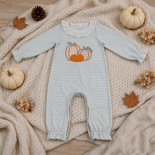 NEW RTS NO MOQ milk silk LR3137 Embroidery Baby Girls Long Sleeve Green Stripe Flower Pumpkins Cute Rompers