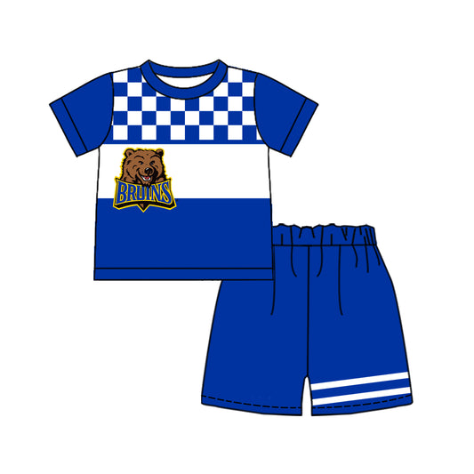 Custom moq 5 mix size milk silk summer teams Baby Boys Casual Blue Plaid Short Sleeve Top Shorts Set