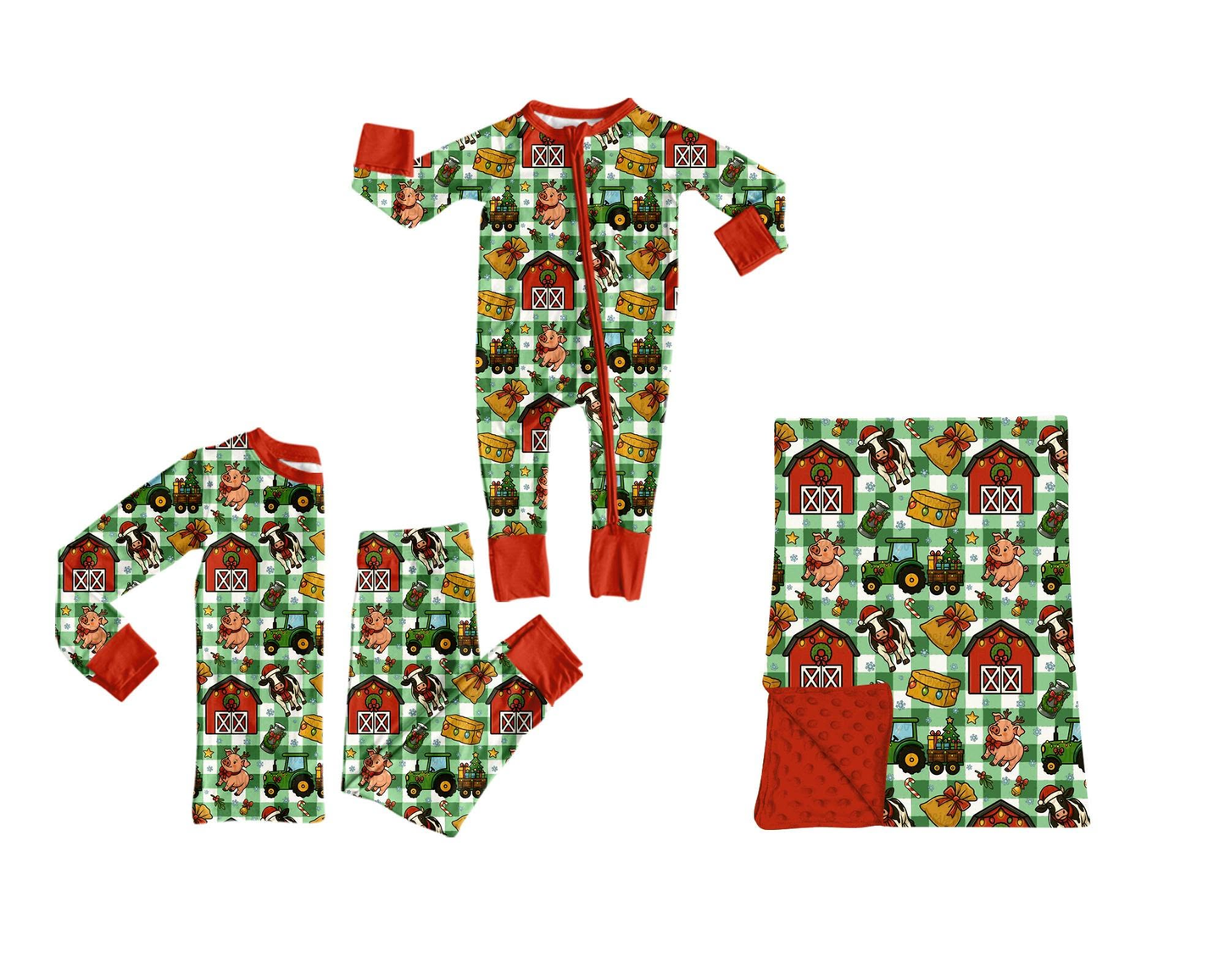 (Preorder new) No moq baby Boys Farm Green Long Sleeve Matching Pajamas Set Romper Blankets