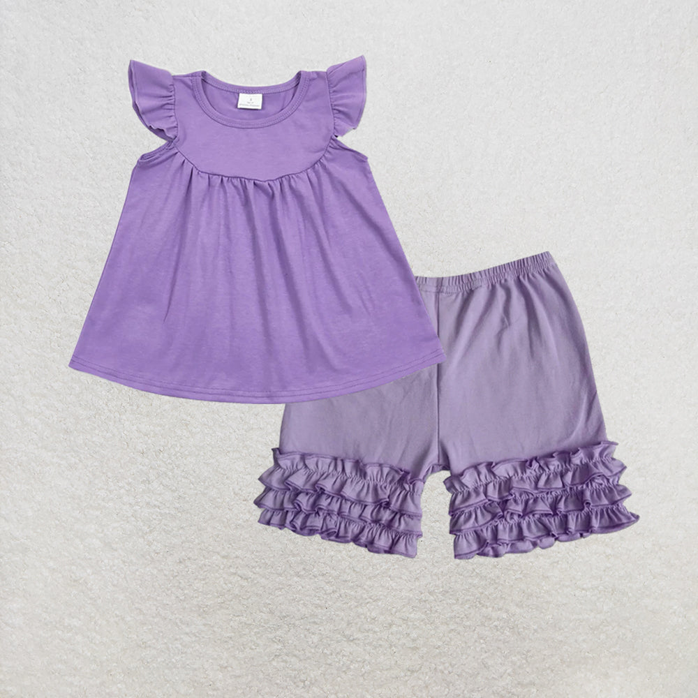 RTS NO MOQ milk silk GT0461+C14-5 Baby Girls Lavender Flutter Sleeve Tunic Tops Shorts Set
