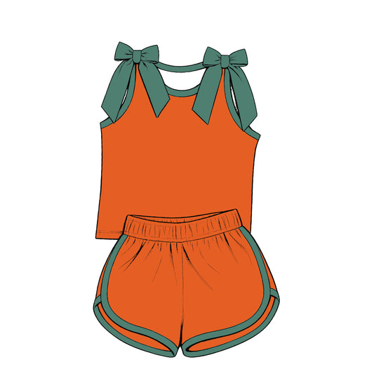 custom moq 5 mix size Baby Girls Green Bow Sleeveless Orange Top Shorts Summer Cute Clothing Set