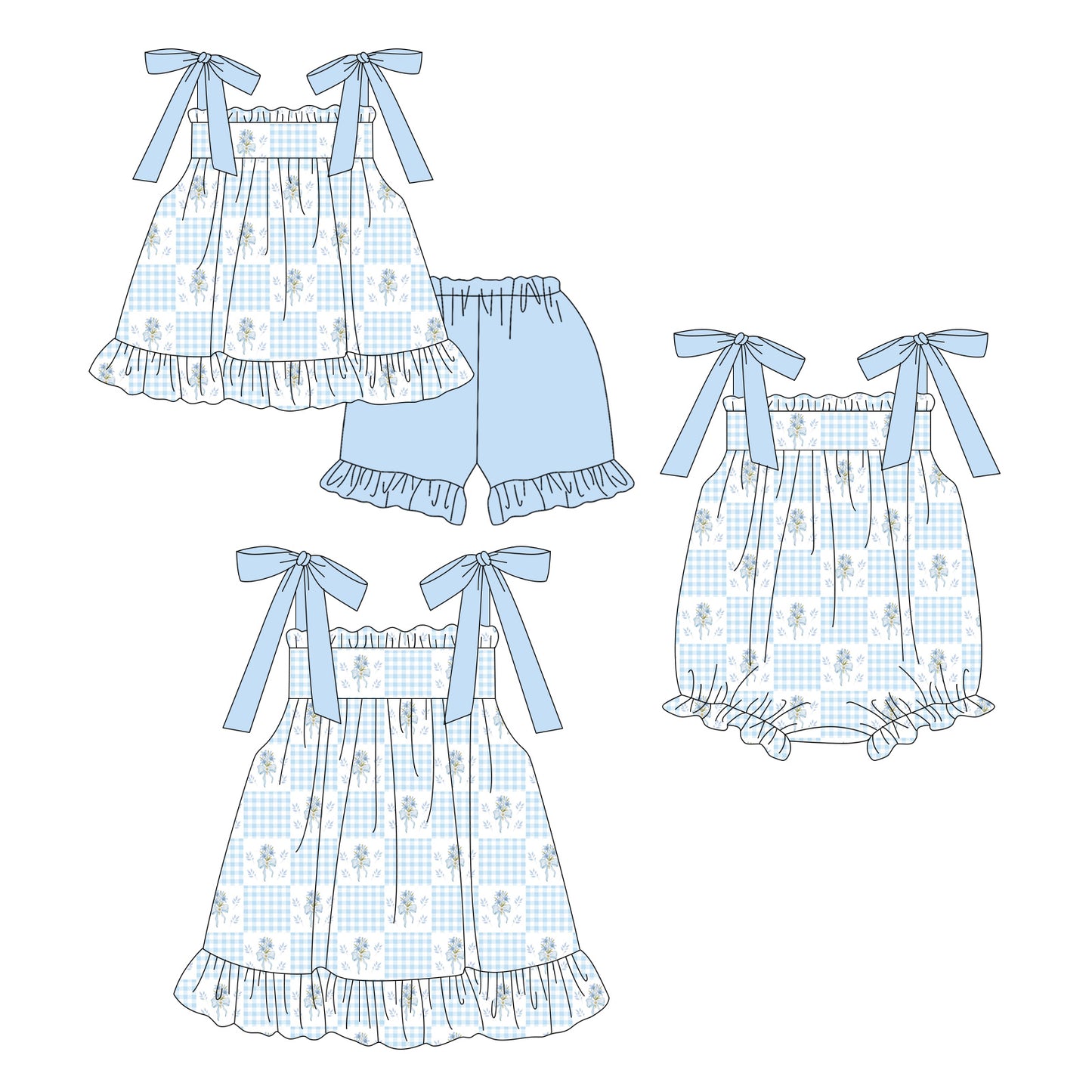 3.14 Custom moq 5 mix size Sibling Cute Clothes Baby Girl's Blue Checked Strap Top And Short Set Matching Romper Dress for Summer