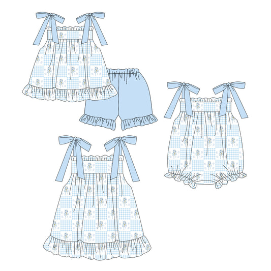 3.14 Custom moq 5 mix size Sibling Cute Clothes Baby Girl's Blue Checked Strap Top And Short Set Matching Romper Dress for Summer