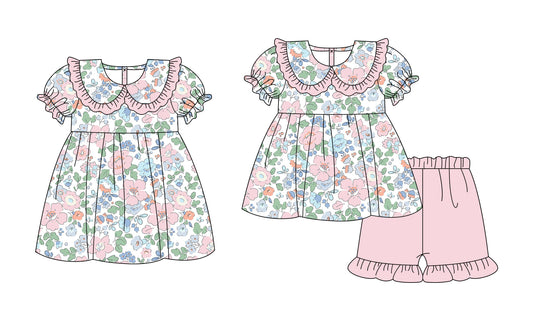 3.5 Custom moq 5 mix size Sibling Baby Girl's Flowers Short-Sleeved Top And Pink Shorts Set Cute Dress for Summer