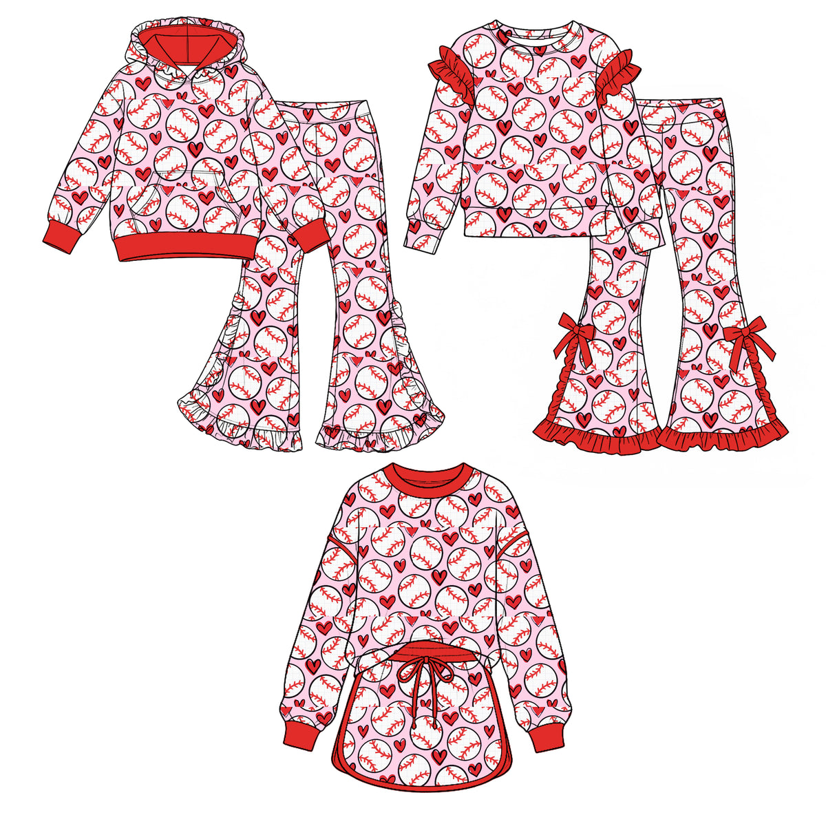 (Preorder new) No moq Baby Girls Baseball Heart Print Hoodie Flare Pant Ruffle Top Skirted Long Sleeve Set