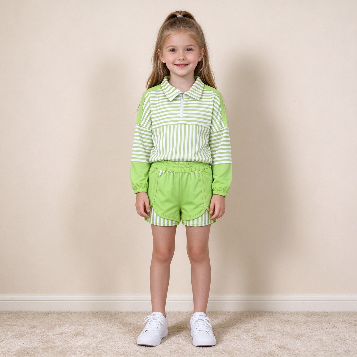 NEW RTS NO MOQ yoga fabric GLS0109 (GT1718+SS0952) Yoga Baby Girls Green Stripe Print Zip Pullover Matching Shorts Two Piece Yoga Active Set