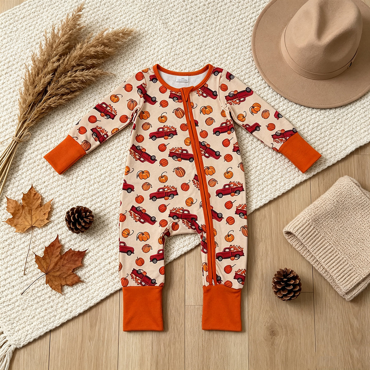 NEW RTS NO MOQ milk silk LR3234 Baby Boys Long Sleeve Pumpkins Trucks Fall Two Way Zip Convertible Romper