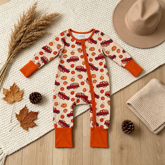 NEW RTS NO MOQ milk silk LR3234 Baby Boys Long Sleeve Pumpkins Trucks Fall Two Way Zip Convertible Romper