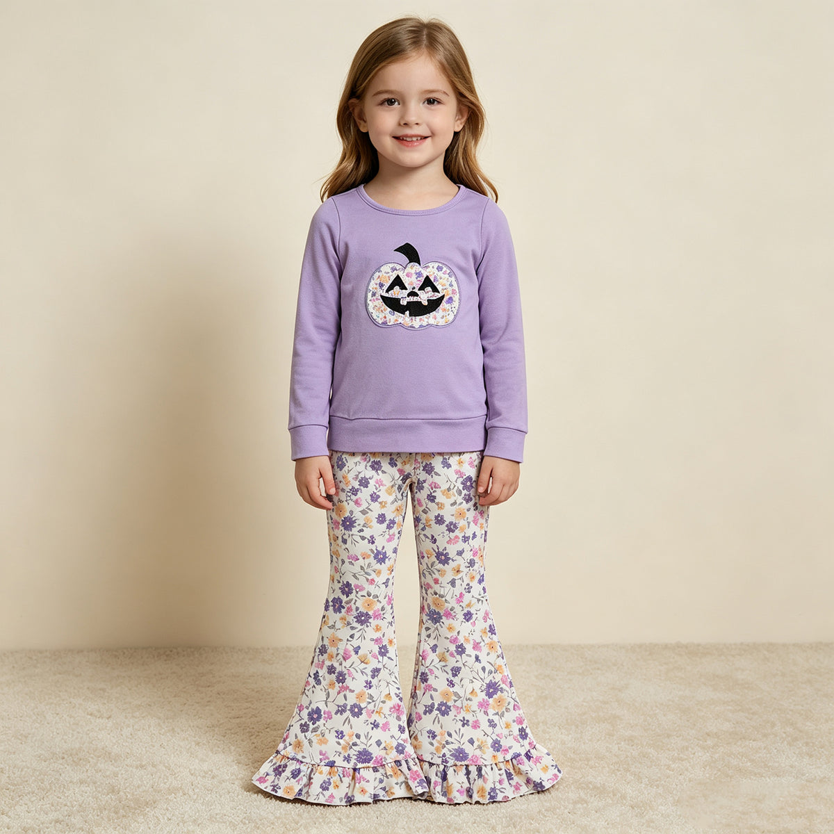 (NEW RTS NO MOQ milk silk GLP3618 Embroidery Flowers Ghost Pumpkins Baby Girls Top Ruffle Pant Halloween Clothes Set Fall Two Piece Holiday Outfit