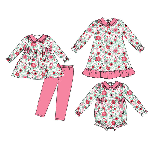25.9.13 custom each style moq 5eta 6-8week Sibling Sisters floral baby girl long sleeve pants sets and dress and rompers match family design