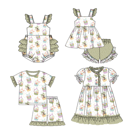 12.13 custom each style moq 5eta 4-6week Sibling Sister easter rabbit bow baby girl short sleeve shorts sets and sets 2 and girls romper and boy romper and dress match design