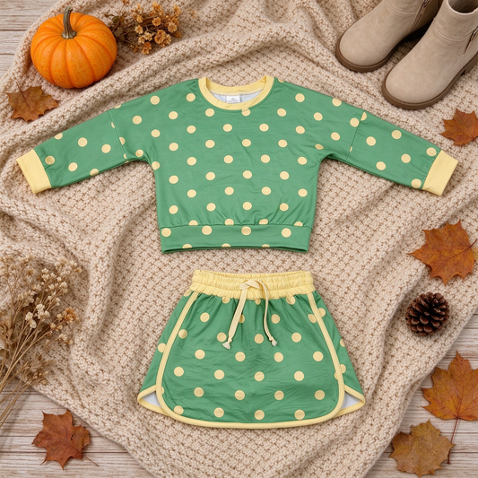 NEW RTS NO MOQ milk silk GLD1764 Baby Girls Green Polka Dot Long Sleeve Sweatshirt And Drawstring Skort Set