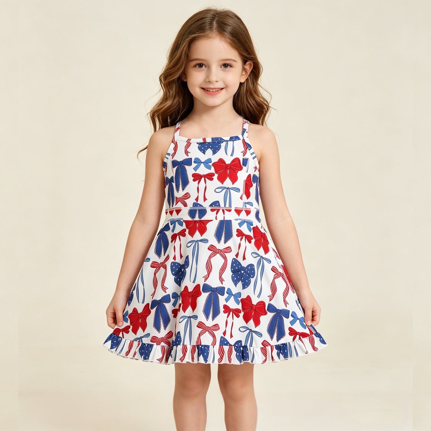 RTS NO MOQ GSD4064 Toddler Girls Blue Red Bows Strap Yoga 4th of July Knee Length Dress