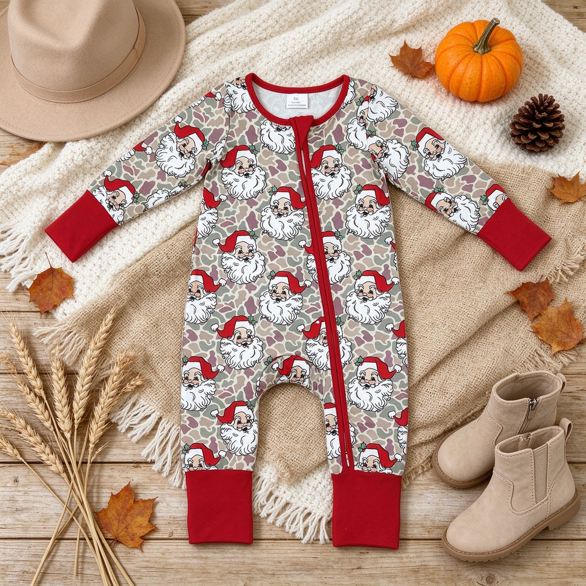 NEW RTS NO MOQ milk silk LR3345 Baby Boys Khaki Camo Santa Christmas Long Sleeve Two Way Zip Convertible Cute Romper