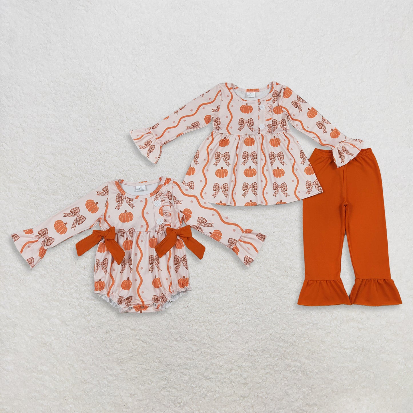 RTS NO MOQ Sibling milk silk Baby Girls Pumpkin Bow Print Button Tunic Matching Ruffle Pants Fall Clothes Set Button Ruffle Romper