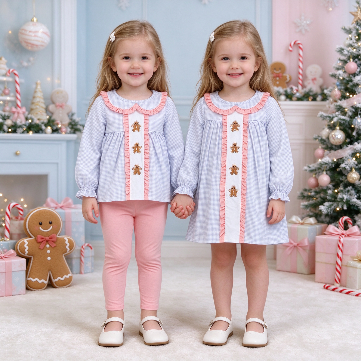 Baby Girls Gingerbread Checked Collection - Ruffle Peplum Set & Puff Sleeve Dress