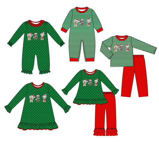 25.7.29 custom each style moq 5 eta 4-6week Sibling Sisters Christmas green baby girl long sleeve pants sets 1 and sets 2 and romper 1 and romper 2 and dress match family design