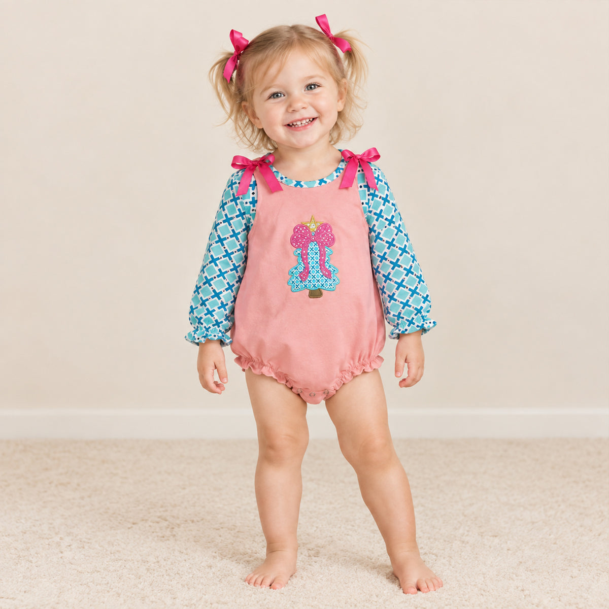 NEW RTS NO MOQ milk silk LR3164 Embroidery Baby Girls Christmas Polka Dot Bow Tree Ruffle Hem Long Sleeve Romper