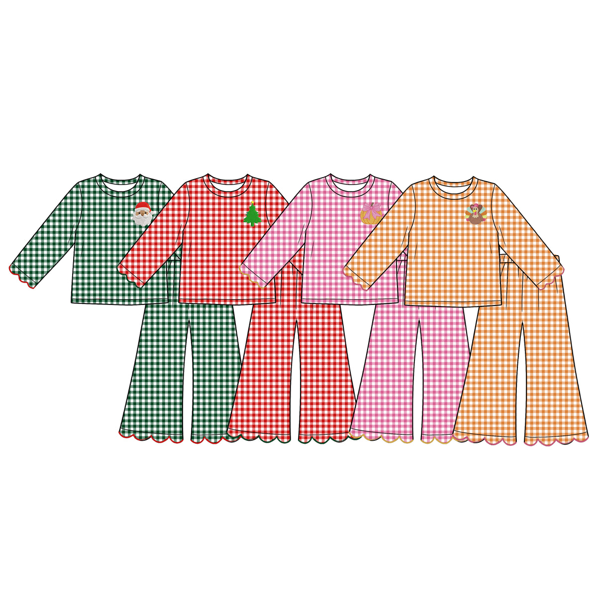 (Preorder new) No moq Baby Girls Turkey Long Sleeve Top Scalloped Flare Pants Thanksgiving Outfit Clothes Set