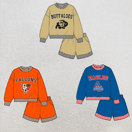 custom moq 5 mix size XY073007 Baby Kids Letter Print Checked Long Sleeve Top Shorts Casual Team Outfit Set