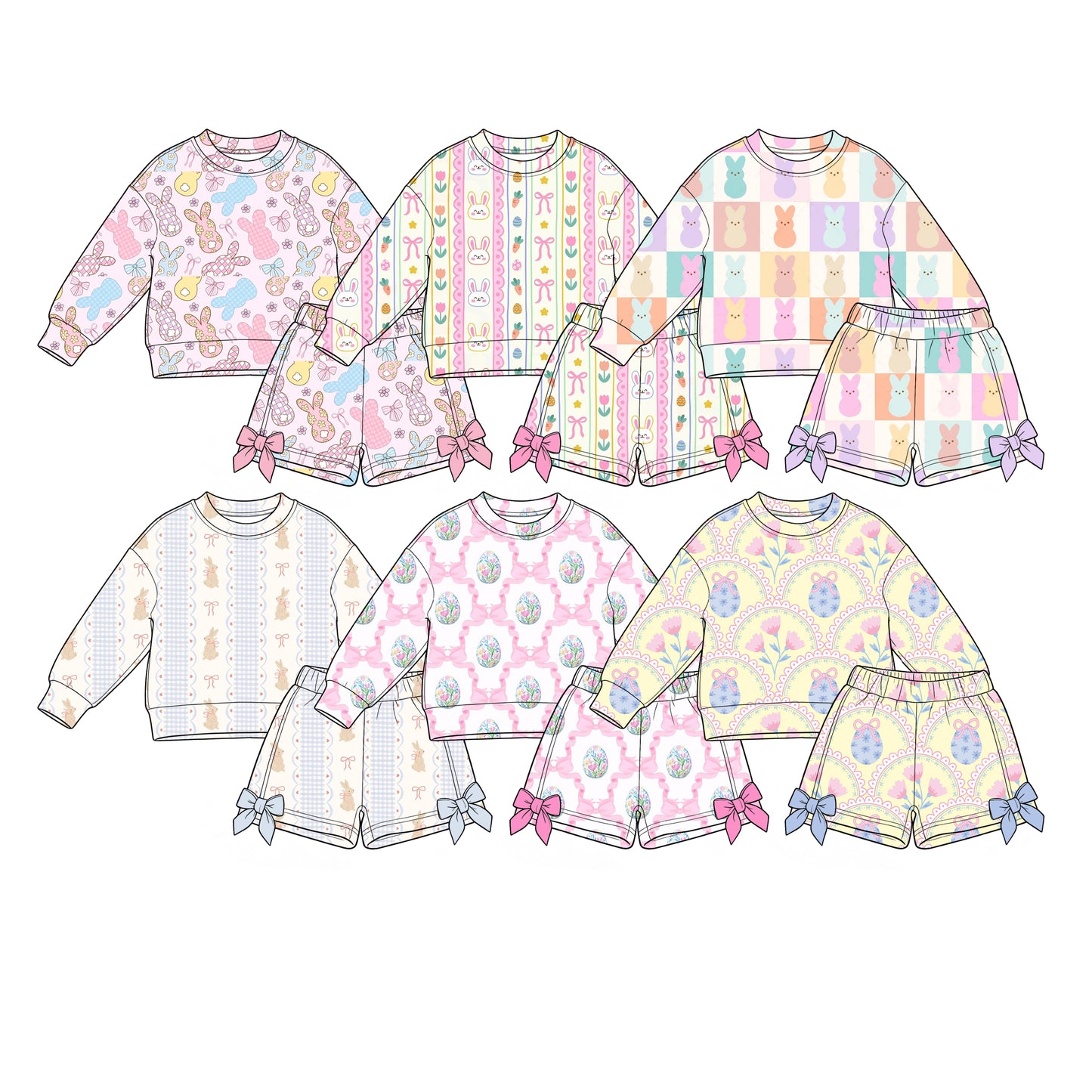 (Preorder new) No moq Baby Girls Easter Casual Bunny Egg Print Long‑Sleeve Top Bow Short Clothing Set