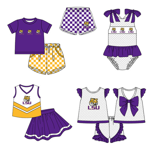 Custom moq 5 mix size milk silk summer teams Boy's Purple Short Sleeved Top Plaid Shorts Set Girl's Short-Sleeved Set with Matching Swimsuits Adult Shorts