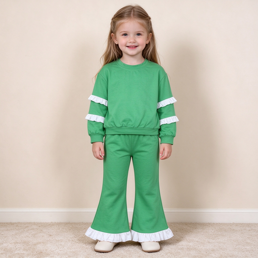 NEW RTS NO MOQ cotton GT1858+P1168 Baby Girls Solid Green Crew Neck Top Double White Ruffle Sleeve Ruffle Hem Flare Pant Outfit