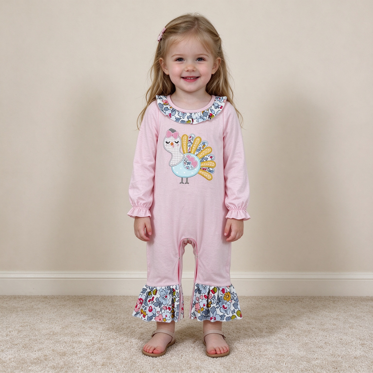 NEW RTS NO MOQ milk silk LR3216 Embroidery Flowers Turkey Baby Girls Thanksgivings Ruffle Pant Rompers Thanksgiving Daily Romper