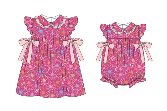 25.11.7 custom each style moq 5 eta 6-8week Sibling Sister floral baby short sleeve romper and dress match design