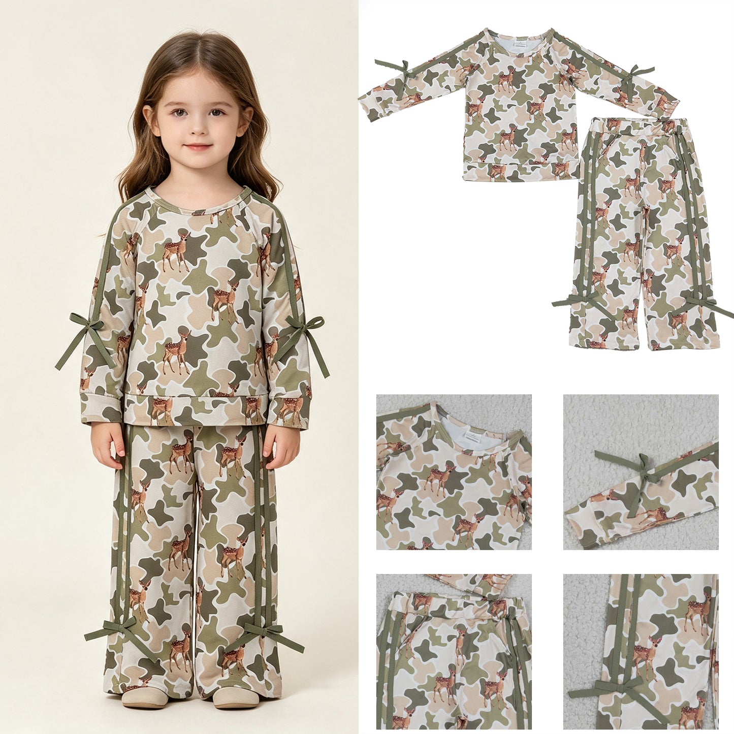 RTS No moq milk silk GLP3428 Baby Girls Green Camo Deer Print Long Sleeve Top Pockets Flare Pant Two Piece Hunting Fall Outfit Set（副本）