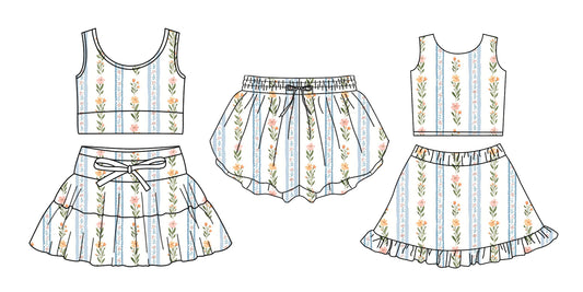 3.27 Custom moq 5 mix size Sibling Baby Girls Flowers  Sleeveless Top And Skirts Set Yoga Shorts Outfit